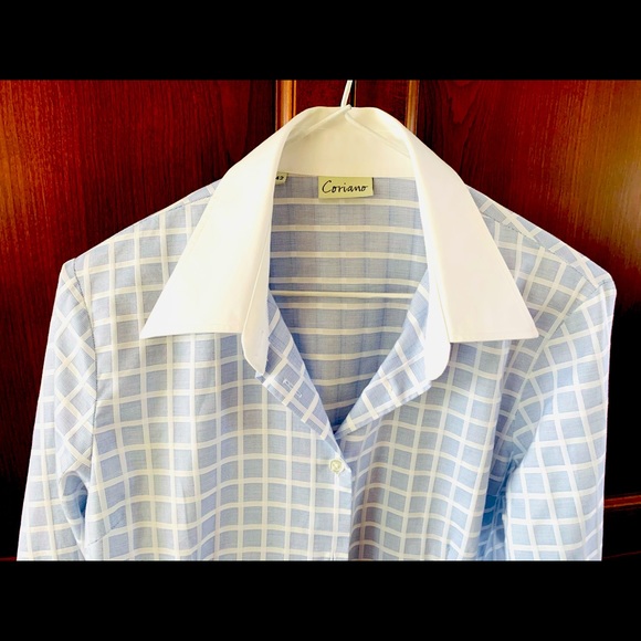 Blue & white check pattern button up cotton dress shirt white collar French cuff - Picture 4 of 16
